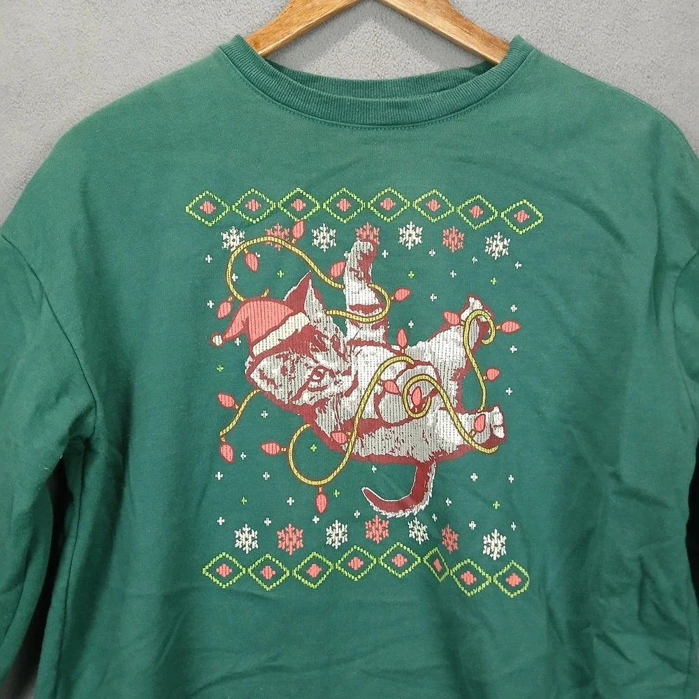 Mighty Fine Sweatshirt‎ Womens Medium Green Christmas Cat Graphic Fleece Lined